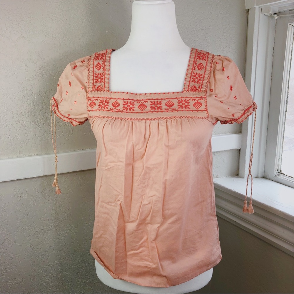 Madewell Pastel Salmon Orange prarie cottage core embroidered square neck blouse